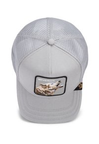 Gray baseball cap with mesh back featuring an embroidered wolf design and "MAVERICK" label. Shows structured shape and textured fabric.