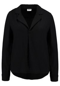 Chemise noire à manches longues en tissu léger avec un col, un plastron avant et un ourlet légèrement arrondi. Design minimaliste.