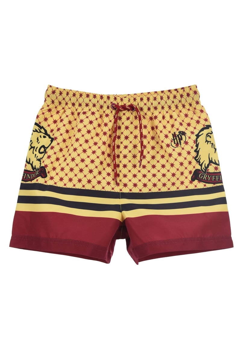 Shorts de bain rouges et jaunes avec un motif à carreaux, ornés d'un emblème de lion et du texte Gryffondor, taille élastique et cordon de serrage.