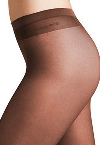Tights trasparenti marroni con una texture liscia e una cintura ampia e piatta su cui è stampato il nome del marchio "CALZE".