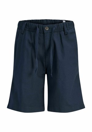 Blond jongetje staat, draagt een blauw kortemouwig overhemd met patroon, donkere korte broek, witte sokken en beige schoenen op een effen lichte achtergrond.