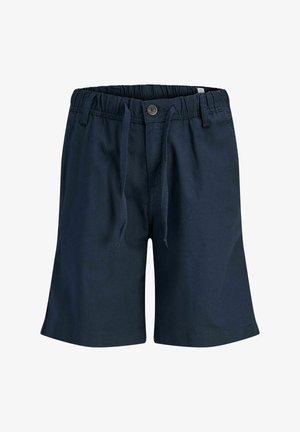 Garçon blond debout, portant une chemise bleue à manches courtes à motifs, un short foncé, des chaussettes blanches et des chaussures beige sur un fond clair uni.