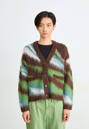 Bruine, fluffy cardigan met groene, blauwe en witte strepen, met een V-hals, vijf knopen en voorzakken. Draag het over een zwarte top.