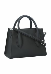 Sac à main noir structuré en matériau texturé, doté de deux poignées, d'une bandoulière amovible et d'accents en forme de feuille à l'avant.
