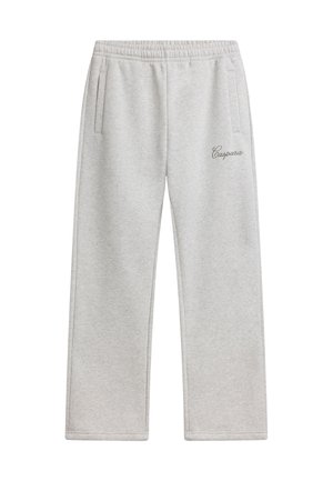 Lysegrå joggingbukser med elastisk taljebånd, sidelommer og "Caspara" logo på det øverste venstre lår.