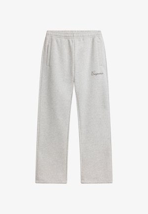 Lysegrå joggingbukser med elastisk taljebånd, sidelommer og "Caspara" logo på det øverste venstre lår.