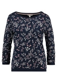 Marineblauw top met lange mouwen en een bloemenpatroon in roze en wit, met geplooide mouwen en een ronde halslijn. Zachte stof.