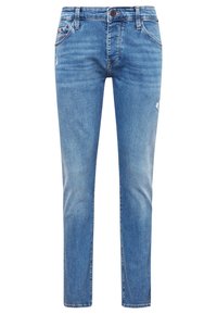 Jean slim bleu avec légère décoloration, patch usé sur la cuisse droite, bouton avant et design cinq poches.