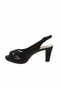 Scarpa slingback nera con design peep-toe, dotata di una parte superiore testurizzata con strass e un robusto tacco a blocco.