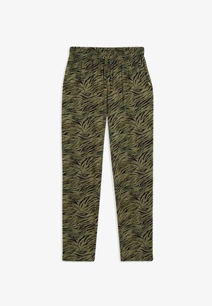 Pantalons de jogging vert olive avec un imprimé camouflage zebra noir et vert foncé, taille élastique et cordon de serrage à l'avant.