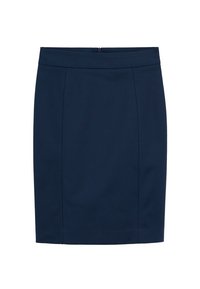 Jupe crayon bleu marine en tissu lisse, dotée d'un design ajusté, d'une fermeture à glissière au dos et de détails de coutures subtiles.