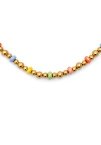 Collar de cuentas coloridas con cuentas esféricas doradas alternando con pequeñas cuentas de cerámica lisas en rosa, azul, amarillo y verde.