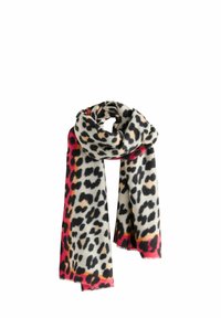 Leopardmønstret tørklæde lavet af blødt, let materiale. Kanterne har en pink og orange gradient. Rektangulær form med frynse-detaljer.