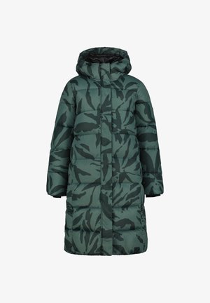 Vadderad jacka med huva, i ett grönt camouflagemönster, tillverkad av glänsande material, med full dragkedja fram och långa ärmar.