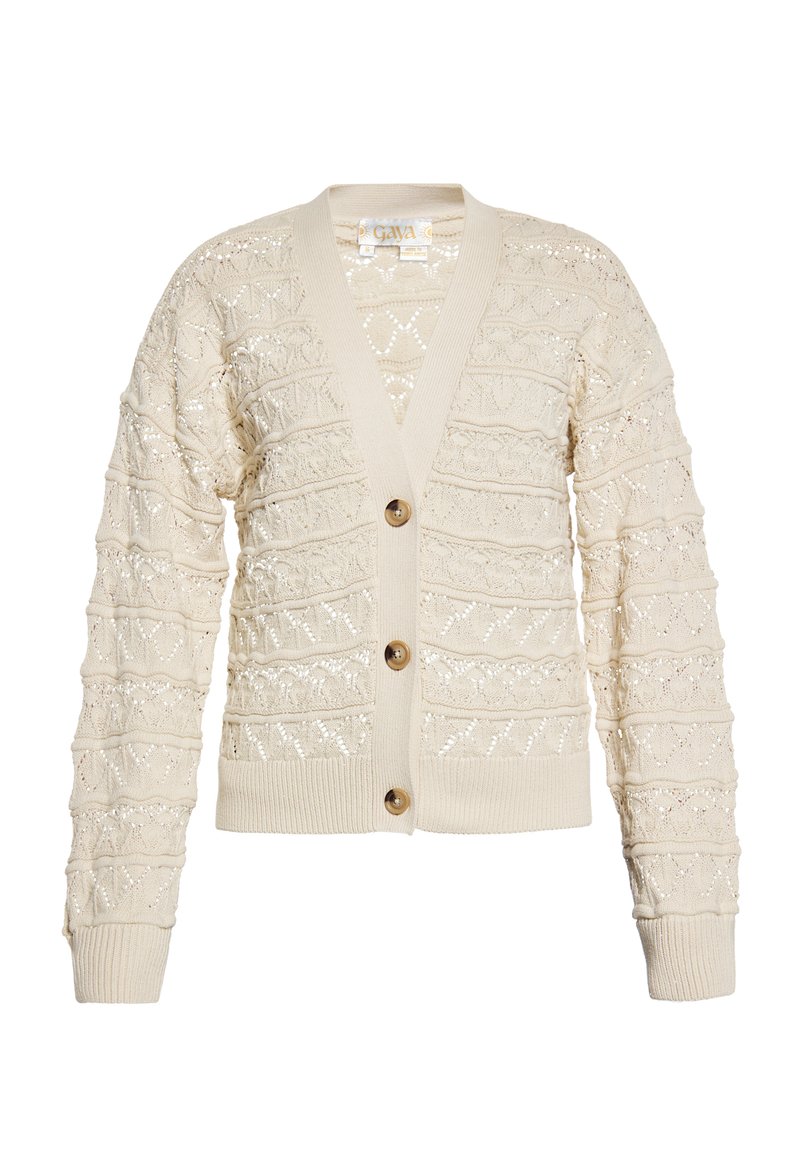 Cardigan crema con un motivo a maglia testurizzata, caratterizzato da un collo a V, maniche lunghe e quattro bottoni. I polsini e l'orlo a costine aggiungono un tocco di dettaglio.