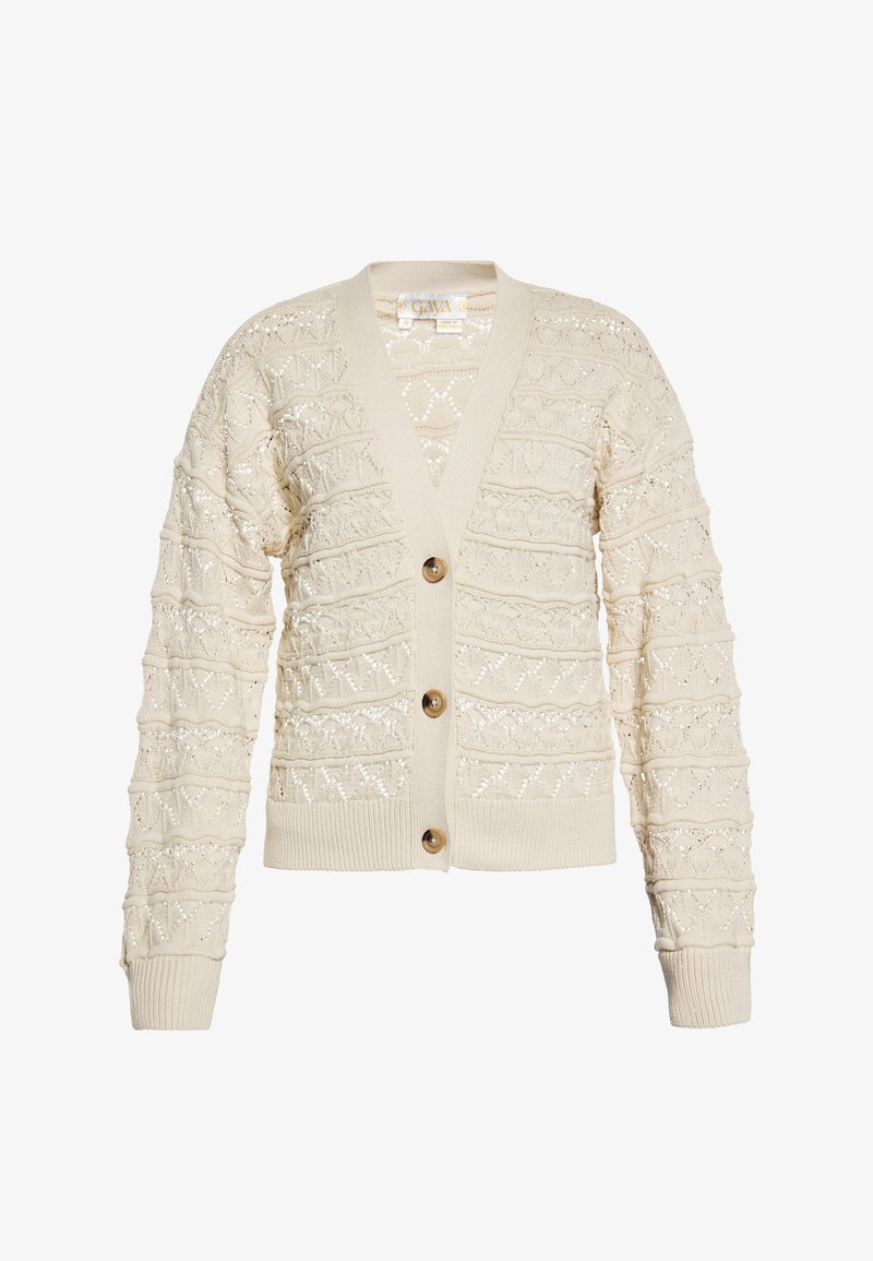 Kremowy kardigan z teksturowanym wzorem splotu, z dekoltem w kształcie litery V, długimi rękawami i czterema guzikami. Żebrowane mankiety i dół dodają szczegółu.