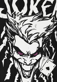 Black t-shirt featuring a Joker graphic with white and pink tones. The design showcases an exaggerated face, sharp features, and playing cards.