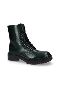 Grüner, glänzender Kunstleder-Stiefel bis zum Knöchel mit schwarzen Schnürsenkeln, runder Spitze und geriffelter Gummisohle. Mit Metallösen und strukturierter Oberfläche.