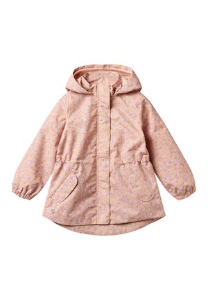 Impermeable rosa para niños con capucha, estampado floral, cierre frontal con botones a presión, puños elásticos y dos bolsillos delanteros con solapa.