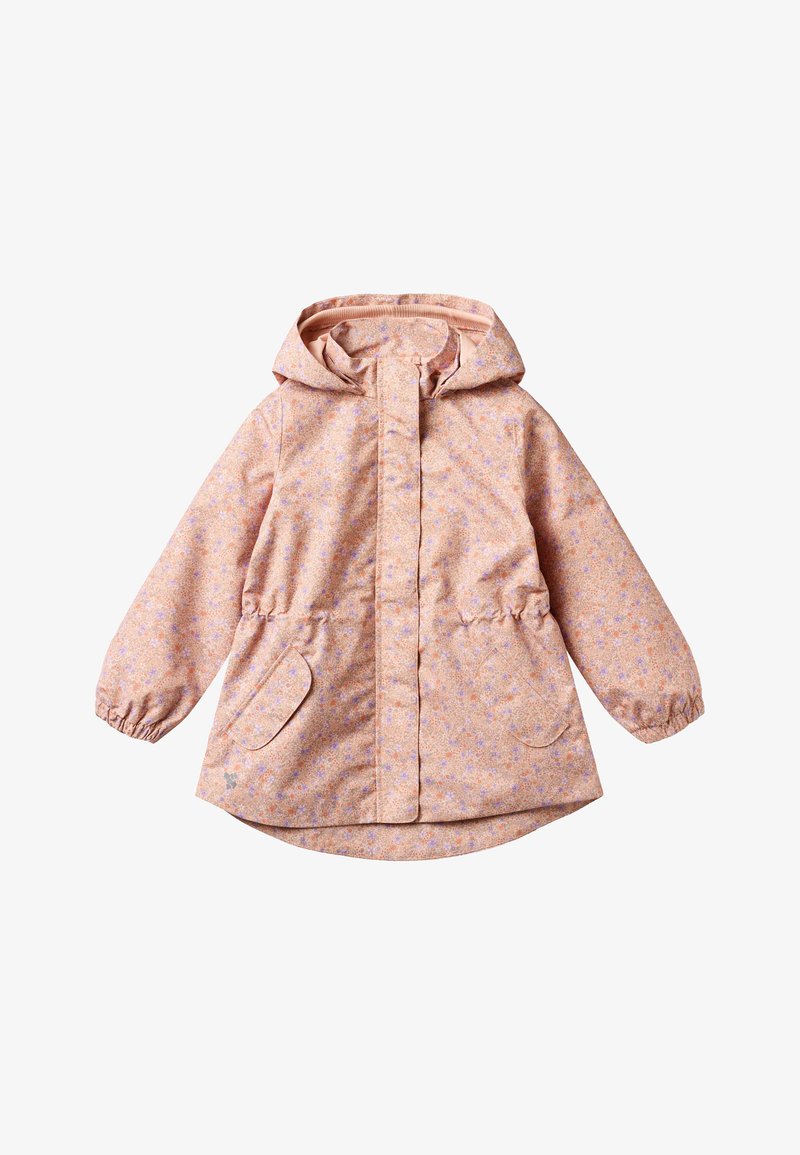 Pelerină de ploaie roz pentru copii, cu glugă, model floral, închidere frontală cu capse, manșete elastice și două buzunare frontale cu clapetă.