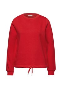 Roter Baumwoll-Sweatshirt mit Rundhalsausschnitt, langen Ärmeln und einem Kordelzug am Saum für eine verstellbare Passform. Glatte Textur.