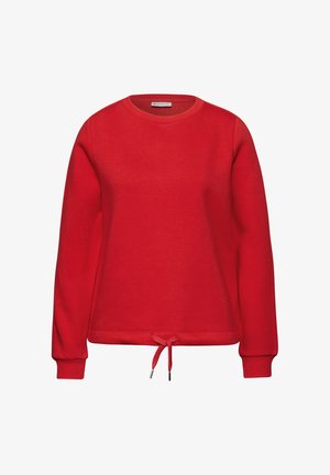Rød bomulds-sweatshirt med rund halsudskæring, lange ærmer og snøring i kanten for justerbar pasform. Glat tekstur.