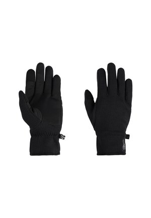 Pair of black knit gloves with textured palms and elastic wrists, one showing palm side, the other the back side.