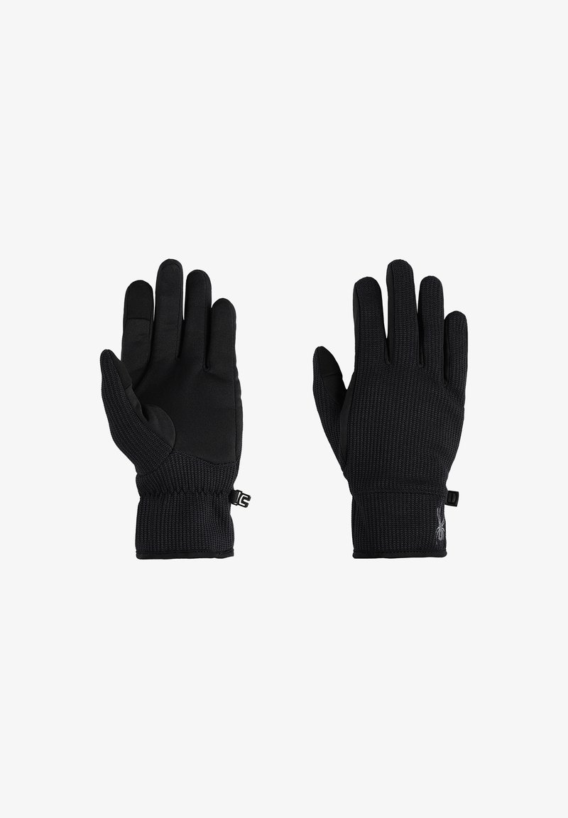 Un paio di guanti neri in maglia con palmi testurizzati e polsini elastici, uno mostrante il lato del palmo, l'altro il dorso.
