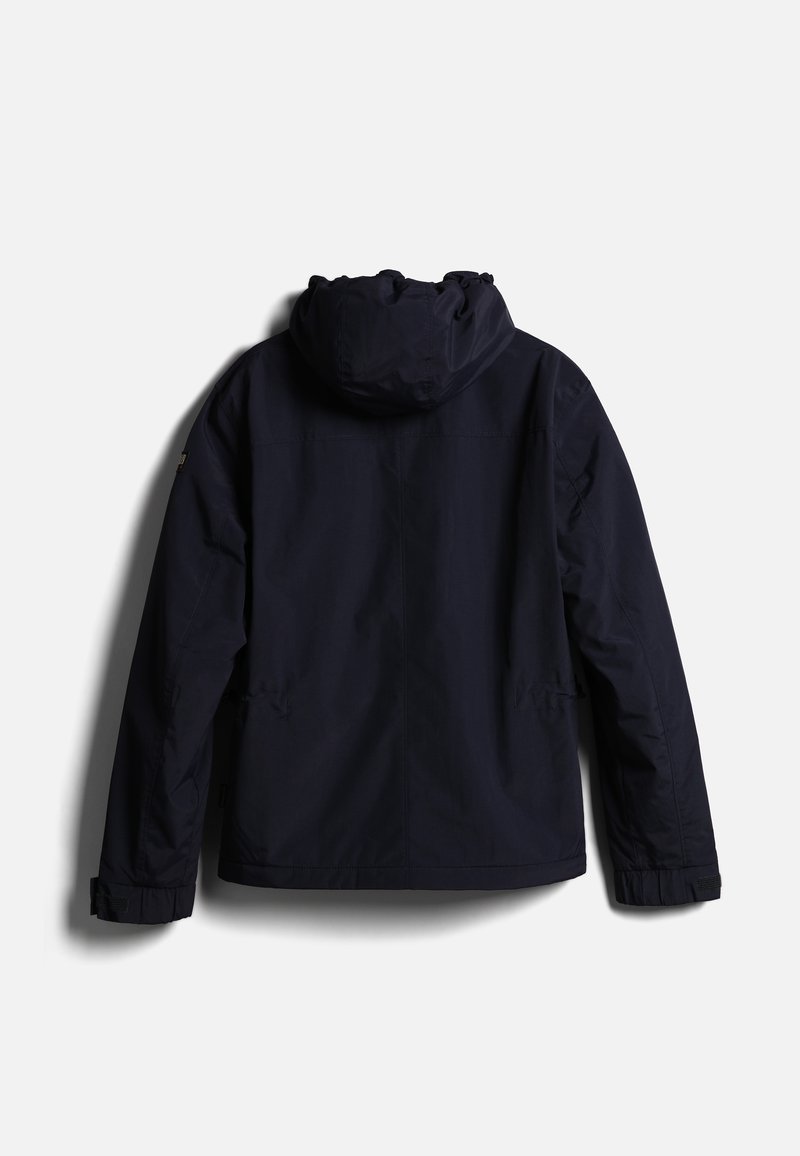 Veste bleue marine imperméable avec capuche, poignets élastiques et cordons de serrage sur les côtés. Présente une texture lisse et un design minimaliste.