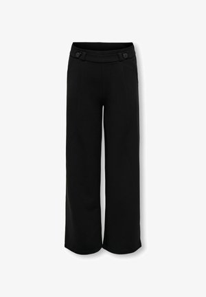 Zwarte wijde broek van soepel materiaal. Heeft een platte tailleband met twee knopen en voorplooien voor een taillerende afwerking.