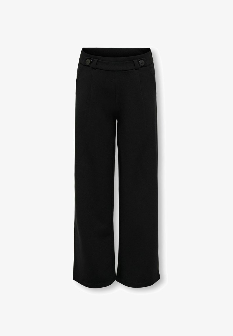 Czarne, szerokie spodnie z gładkiego materiału. Posiadają płaski pas z dwoma guzikami oraz przednie fałdy dla eleganckiego wykończenia.