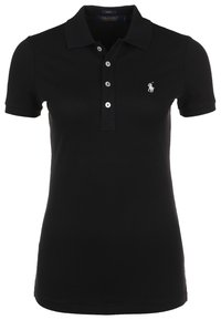 Schwarzes Polohemd aus Baumwolle mit schmaler Passform, ausgestattet mit einer Knopfleiste mit drei Knöpfen und einem gestickten Logo auf der linken Brust.
