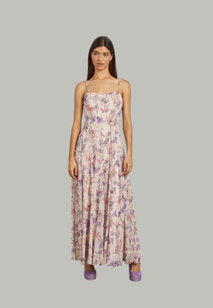 Abito maxi con stampa floreale in tessuto morbido, con spalline sottili, un corpetto aderente e una gonna fluida, nei colori pastello di viola e rosa.