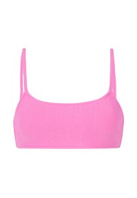 Ružový bikiny top s textúrovaným, vlnitým vzorom, s tenkými nastaviteľnými ramienkami a obdĺžnikovým tvarom bez vypchávok.