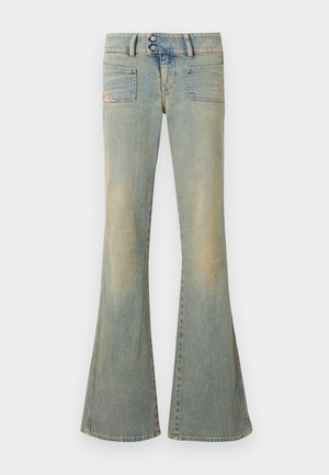 Flared blue jeans made from denim, featuring a faded finish, two front pockets, two back pockets, and a double-button closure at the waist.