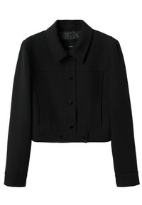 Veste noire courte avec fermeture à boutons, légère texture et col pointu ; possède des manches longues et deux poches devant.