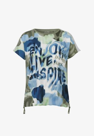Short-sleeve green, blue, and white tie-dye shirt with large bold text reading "ENJOY, LIVE, INSPIRE" and smaller cursive phrases.