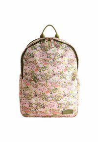 Virágmintás hátizsák rózsaszín háttérrel, zöld, piros és sárga mintákkal, első zsebbel és két zöld hordozófogantyúval.