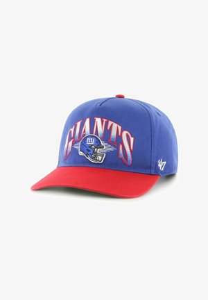 Blue baseball cap with a red brim; features "GIANTS" in white text and a blue football helmet graphic, made from fabric with a smooth texture.