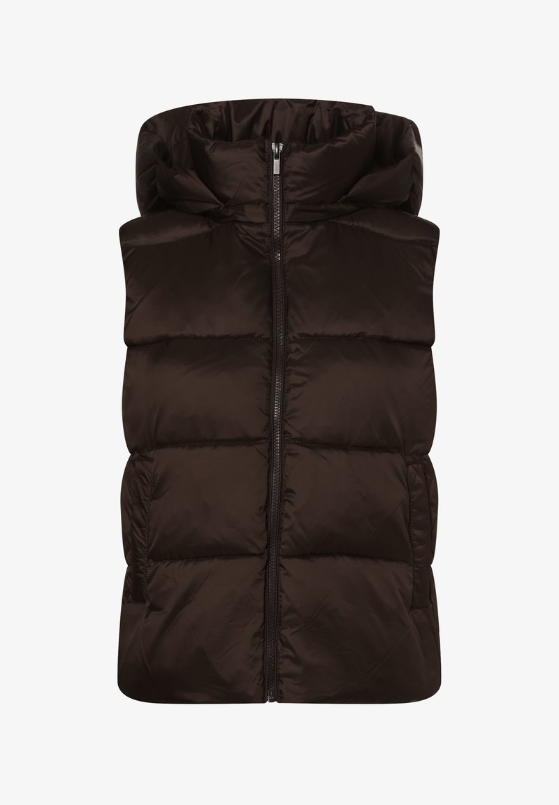 Ruskea puffervesti, jossa on korkea kaulus, paksut tikatut osiot ja etuvetoketju. Valmistettu sileästä, kiiltävästä materiaalista ilman näkyvää metalliosaa.