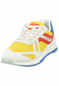 Sport shoes featuring a white mesh and suede upper, vibrant yellow and red accents, textured sole, and a blue heel. Laces with red stitching.