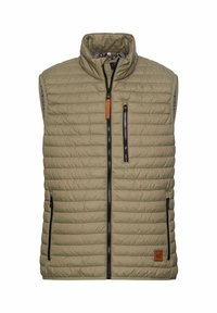 Veste sans manches matelassée marron clair avec trois poches zippées et un col montant, conçue pour un usage décontracté ou en plein air.