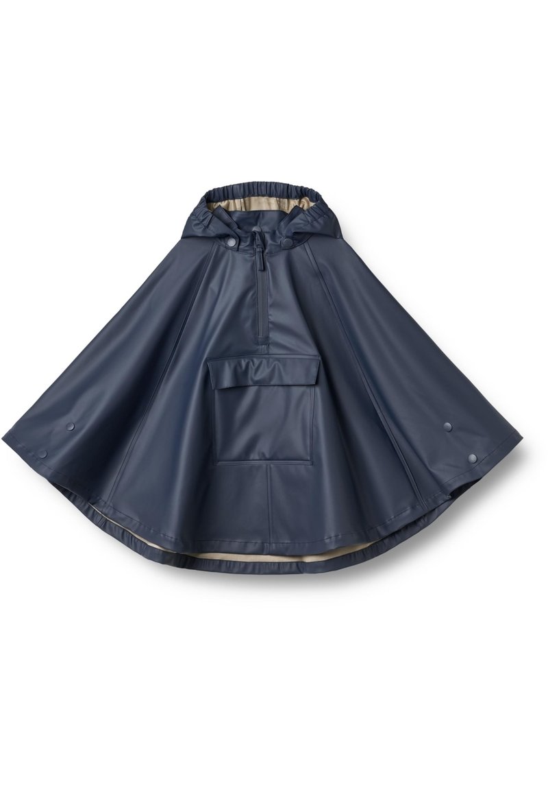Marineblauer wasserdichter Poncho mit Kapuze, elastischem Kragen, Fronttasche und Druckknöpfen am unteren Ende. Glatte, glänzende Oberfläche mit beiger Fütterung.