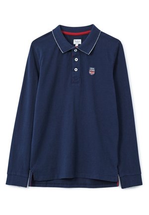 Marineblå langærmet polo med tre hvide knapper, hvid kant på kraven og Pepe Jeans logo patch på venstre bryst.