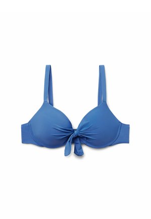 Blauer gepolsterter BH mit einem Knotendetail in der Mitte, dünnen verstellbaren Trägern und glattem Stoff. Verfügt über eine klassische dreieckige Cup-Form.