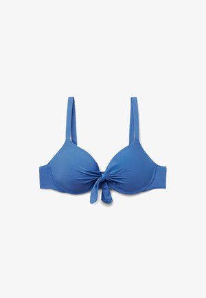 Blauer gepolsterter BH mit einem Knotendetail in der Mitte, dünnen verstellbaren Trägern und glattem Stoff. Verfügt über eine klassische dreieckige Cup-Form.