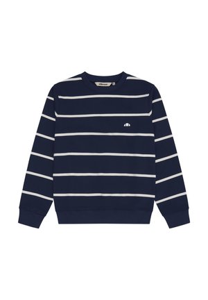 Sweat-shirt bleu marine à manches longues avec des rayures horizontales blanches et un petit logo blanc sur la poitrine gauche, col rond.