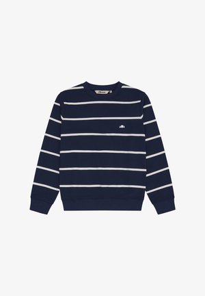 Marineblauw sweatshirt met lange mouwen, witte horizontale strepen en een klein wit logo op de linkerborst, met een ronde hals.