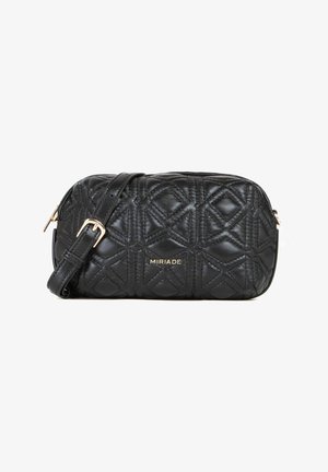 Sac bandoulière en cuir noir matelassé avec boucle et fermeture éclair dorées, marqué MIRIADE à l'avant au centre.