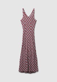 Rot-weißes kariertes Kleid mit V-Ausschnitt, ärmellosem Design, fließendem Rock und leichtem Stoff. Es hat ein eng anliegendes Oberteil und einen ausgestellten Saum.